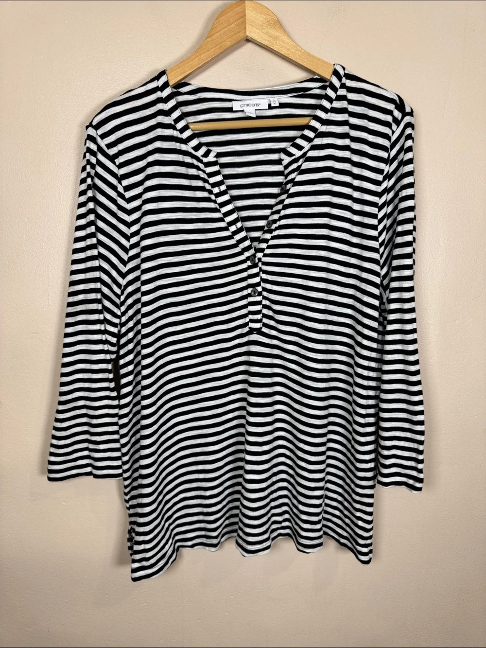 Chico's Womens Striped Henley Tee Cotton Modal preppy Coastal Classic XL